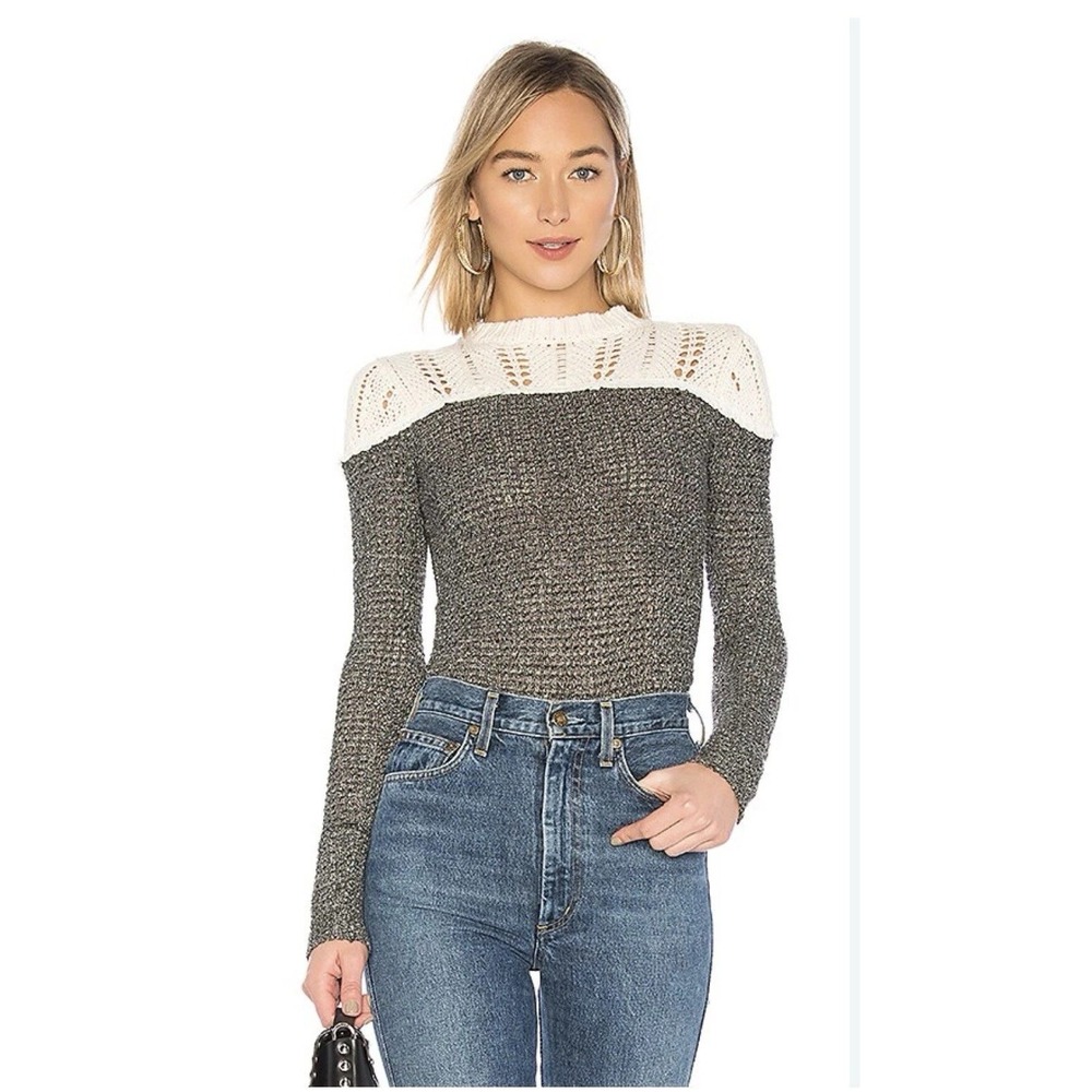 Free People Snowflake Mixed Media Crochet Sweater Black Ivory Size XS